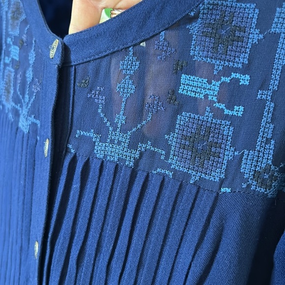 Anthropologie Sz 4 Dubois Embroidered Blue Tunic Dress Button Down Boho Cottage - Picture 7 of 10